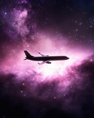 Wall Mural - a silhouette of an airplane flying through a vibrant, colorful nebula, showcasing the beauty of spac