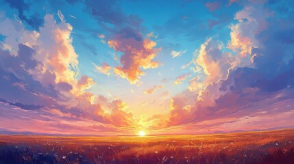 Wall Mural - Vibrant sunset over a vast field, painted sky. Ideal for evoking peace, tranquility, and hope; perfect for travel, nature, and inspirational themes.