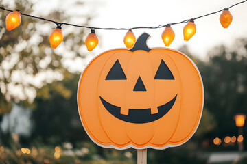 Large pumpkin shaped sign with cheerful face and glowing lights