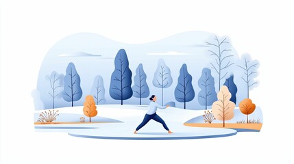 Canvas Print - a serene outdoor scene featuring a person practicing yoga amidst stylized trees and a tranquil lands