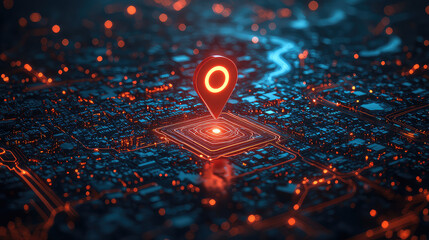futuristic city map with glowing location pin, digital technology concept.