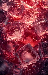 Poster - Ice cubes in red carbonated drink with bubbles creating dynamic refreshing background, perfect for beverage advertising and summer cooling concepts.
