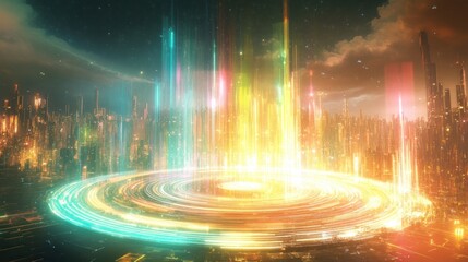 Poster - Futuristic cityscape with vibrant energy portal and glowing lights at night