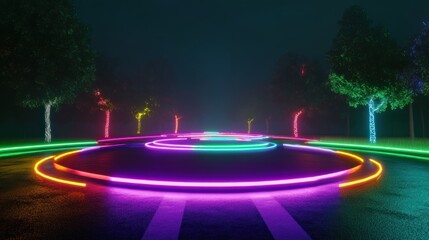 Poster - Neon pathways illuminate the dark park with vibrant glowing colors at night