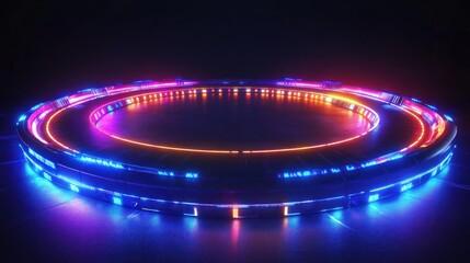 Poster - Futuristic glowing circle with pink purple and orange neon lights in a dark area