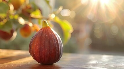 Wall Mural - Pomegranate with sunlight shining on it, sitting next to oranges in a natural setting.