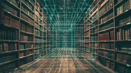 Poster - futuristic library with digital grid overlay, blending tradition and technology. shelves are filled with books, creating unique atmosphere of knowledge and innovation