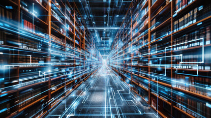 Poster - digital library with glowing shelves and data streams, representing knowledge and technology