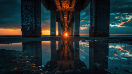 Wall Mural - beneath pier at sunset, vibrant colors reflect in water, creating serene atmosphere. sun rays shine 