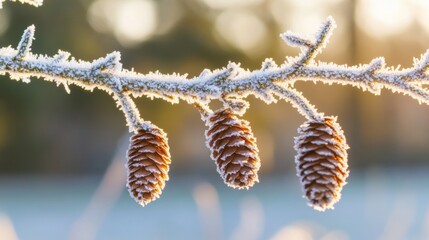 Wall Mural - A pine tree branch covered in frost holds three brown cones, glistening in the soft light of a winter morning