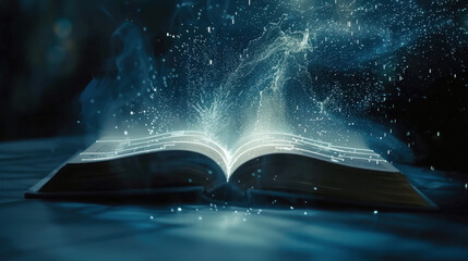 Poster - open book with glowing pages emits magical particles and light, creating mystical atmosphere. scene evokes sense of wonder and imagination