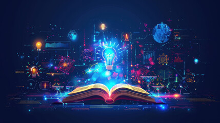 Poster - Open book with glowing light bulb, digital graphics, knowledge, innovation, technology, creativity, data visualization, abstract design, education, inspiration