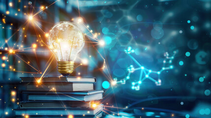 Poster - Light bulb glowing on stacked books, symbolizing knowledge and innovation in digital world filled with connections and ideas