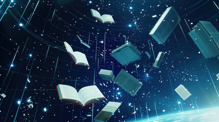 Poster - Floating books in digital space, representing knowledge and technology. scene is illuminated with glowing particles, creating futuristic atmosphere