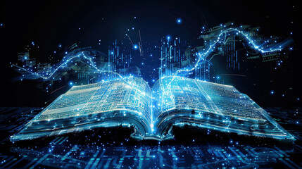Poster - open book with glowing digital data and abstract light trails, symbolizing knowledge and technology.