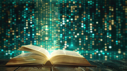 Poster - open book with glowing text and digital particles floating above it, symbolizing knowledge and techn