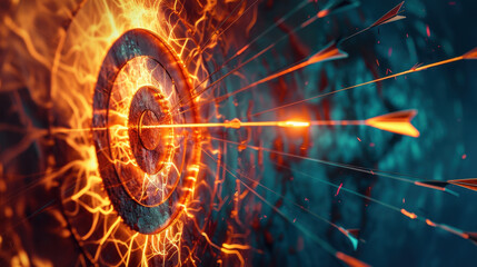 Poster - Dynamic target with arrows striking, showcasing energy and precision in vibrant, fiery design. image captures essence of focus and determination