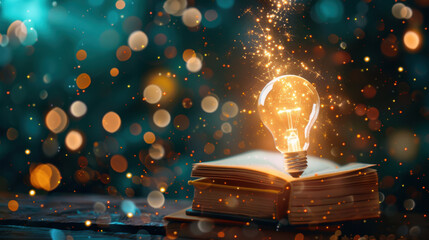 Poster - glowing light bulb emerges from open book, surrounded by sparkling particles, symbolizing creativity and inspiration