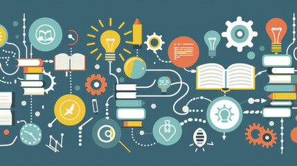 Poster - colorful illustration featuring books, light bulbs, gears, and various educational symbols, representing knowledge and creativity