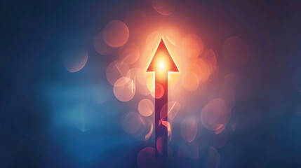 Poster - Abstract arrow symbol glowing with light against blurred background, representing growth and direction. vibrant colors create sense of optimism and progress