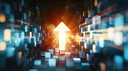 Poster - glowing upward arrow in digital tunnel, symbolizing progress and growth. background features abstract blocks and light effects, creating futuristic atmosphere