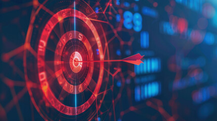 Poster - Digital target with arrow hitting center, representing precision and focus in technology. background features abstract data patterns and numbers, conveying sense of innovation and analytics