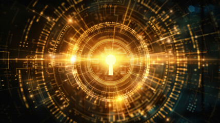 Poster - glowing keyhole surrounded by digital patterns and light rays, symbolizing security and technology. 