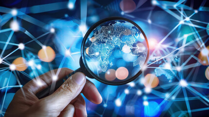 Poster - Exploring world through magnifying glass, showcasing global connections and technology. image represents innovation, discovery, and interconnectedness of our planet
