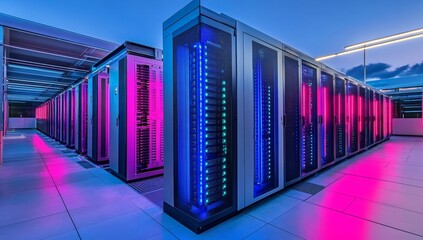 Poster - Futuristic data center with rows of illuminated server racks at night.