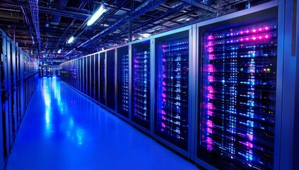 Poster - Rows of illuminated servers in a modern data center.
