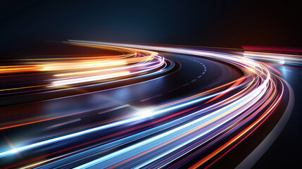 Poster - long exposure light trails on winding road at night, showcasing vibrant colors and motion. dynamic s