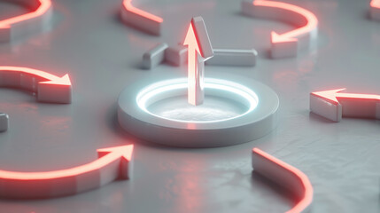 Poster - 3D illustration of central arrow surrounded by glowing red arrows, symbolizing direction and decision making. design conveys sense of guidance and focus