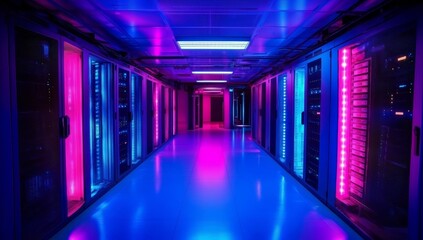 Poster - Vibrant pink and blue lit server room corridor.