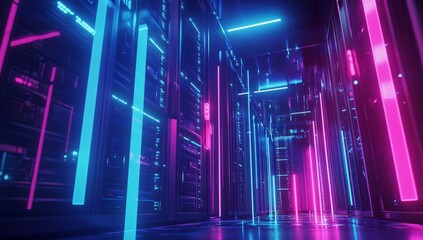 Poster - Neon-lit server room corridor, futuristic technology.
