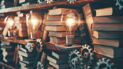 Poster - bookshelf with light bulbs and gears, symbolizing knowledge and innovation, creating warm and inspir