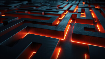 Poster - close up view of dark maze with glowing orange lines, creating mysterious and intriguing atmosphere. intricate design invites exploration and curiosity