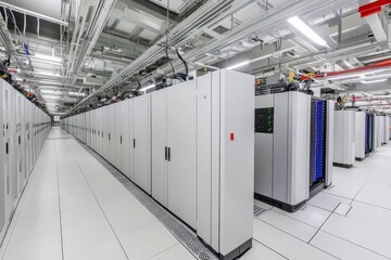 Poster - Modern data center server room with rows of network servers and cooling systems.