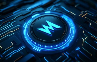 Poster - Vibrant Electric Circuit Board Background with Glowing Blue Elements and Central Symbol