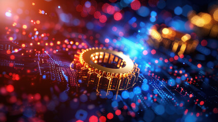 Poster - close up view of futuristic circuit board with glowing elements, showcasing intricate details and vi