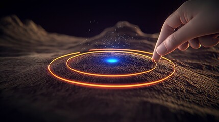 Poster - Interactive Touch on Vibrant Terrain with Glowing Circles and Blue Energy Source for Digital Visualization