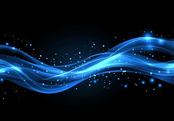 Poster - Elegant Blue Waves Flowing Against a Dark Background with Glowing Particles and Soft Light Effects