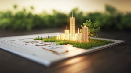Poster - Conceptual model of modern city skyline with green spaces and architectural blueprints on a wooden surface