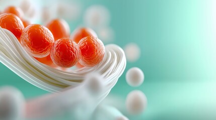 Poster - Abstract Representation of DNA Structure with Orange Molecules and White Fibers on Soft Green Background