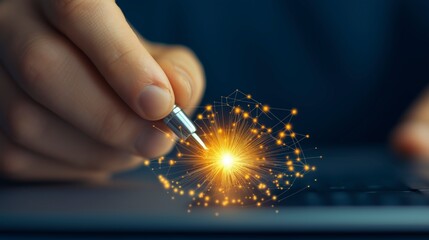 Poster - Hand with Pen Creating Digital Sparks on Keyboard in Modern Office Environment