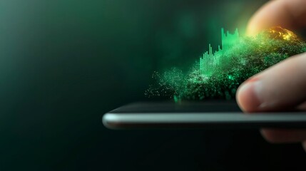Poster - Digital Innovation Concept with Hand Holding Smartphone and Data Visualization Elements in Green Hues