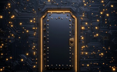 Poster - Mysterious Door Surrounded by Circuit Board Design and Glowing Lights in Dark Atmosphere