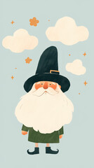 Wall Mural - whimsical cartoon gnome with large beard and hat, surrounded by clouds and stars