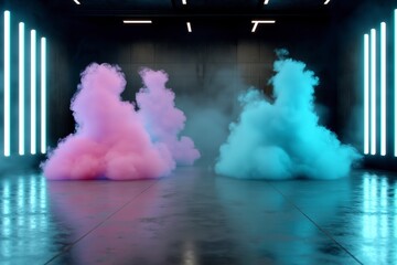 Poster - Colorful Smoke Clouds in a Dimly Lit Industrial Environment with Neon Lights