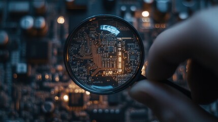 Poster - A magnifying glass positioned over a PCB to highlight intricate soldering.