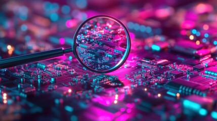 Poster - A magnifying glass positioned over a PCB to highlight intricate soldering.